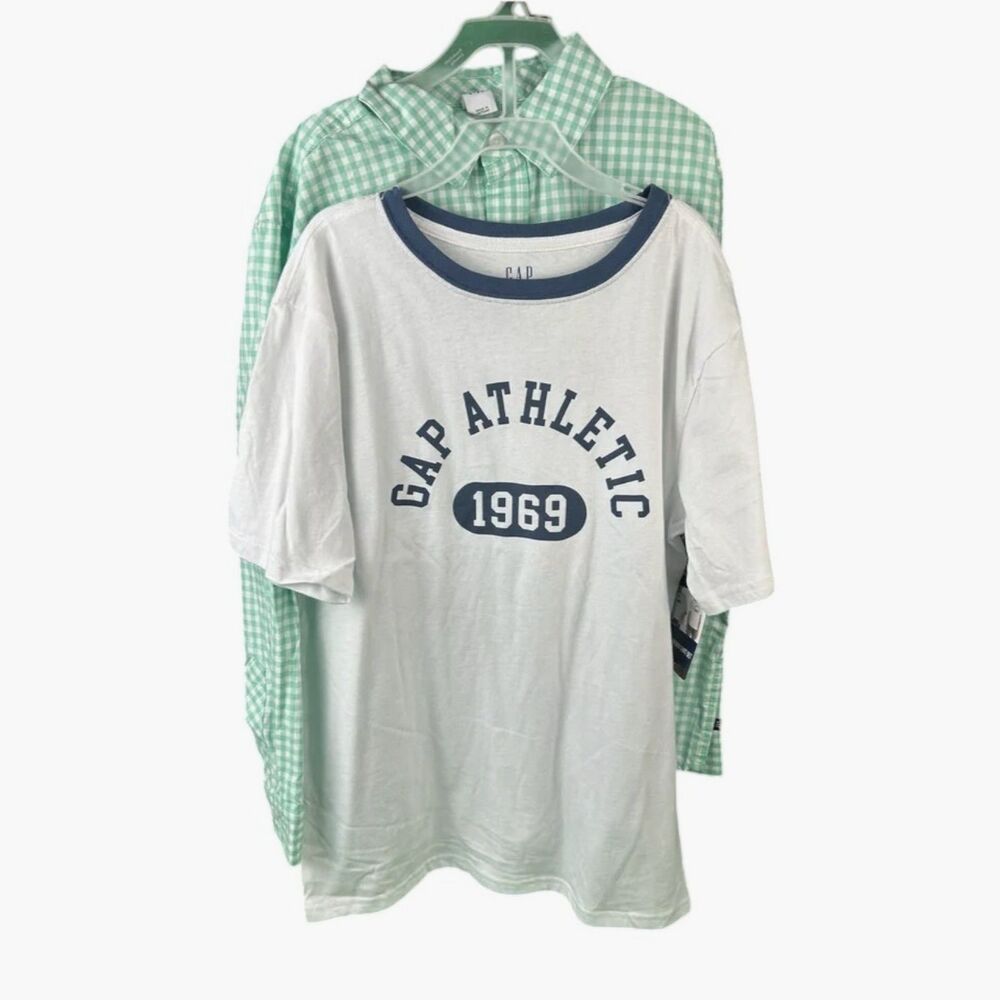 GAP Kids Boys XL 14/16 Checkered Button Up & Athletic Graphic Tee 2pc Bundle NWT